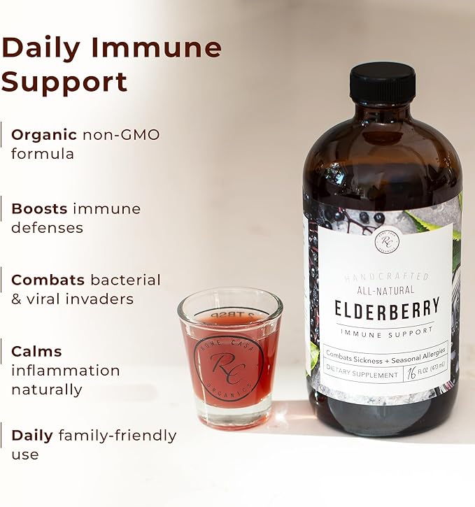 Rowe Casa Organics Elderberry Immune Support with Antioxidants Zinc and Vitamin C for Kids and Adults Organic Elderberry Syrup for Immune Support 16 Fl Oz
