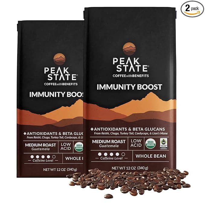 Peak State Immunity Boost Medium Roast – Organic Mushroom Coffee Low Acid &amp Smooth Dark Chocolate &amp Sweet Grape Notes Whole Bean Gluten Free 12 oz (2 Pack)
