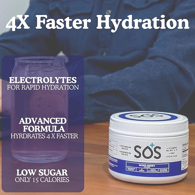 SOS Hydration Electrolyte Powder Drink Mix – Mixed Berry 31 Servings | Low Sugar Electrolytes 15 Cal | Keto Hydration Powder for Rapid Rehydration
