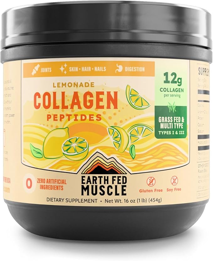 Earth Fed Muscle Lemonade Collagen Powder – Grass Fed Hydrolyzed Collagen for Women &amp Men - Healthy Bones Skin &amp Hair - Types 1 &amp 3 Collagen Powder 12g Per Serving 33 Servings