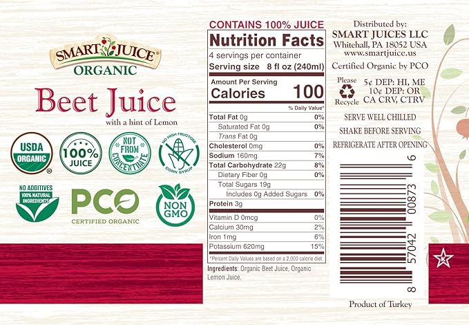 Smart Juice Organic Beet Juice - 33.8 fl oz (1L) - (Pack of 6) 100% Juice Not From Concentrate