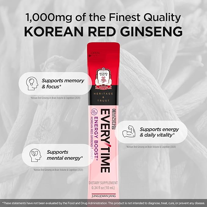 JUNG KWAN JANG Everytime Energy Boost Korean Red Ginseng Extract 1000mg &amp Honey - Vegan Ginseng Energy Drink Liquid Stick Supplements - Builds Stamina &amp Immunity No Caffeine (10 Sticks 0.34