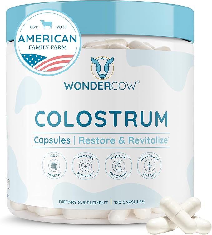 WONDERCOW Colostrum Capsules Supplement for Gut Health Immune Support &amp Wellness | Natural IgG Pure Whole Bovine Colostrum Superfood Unflavored 30 Servings