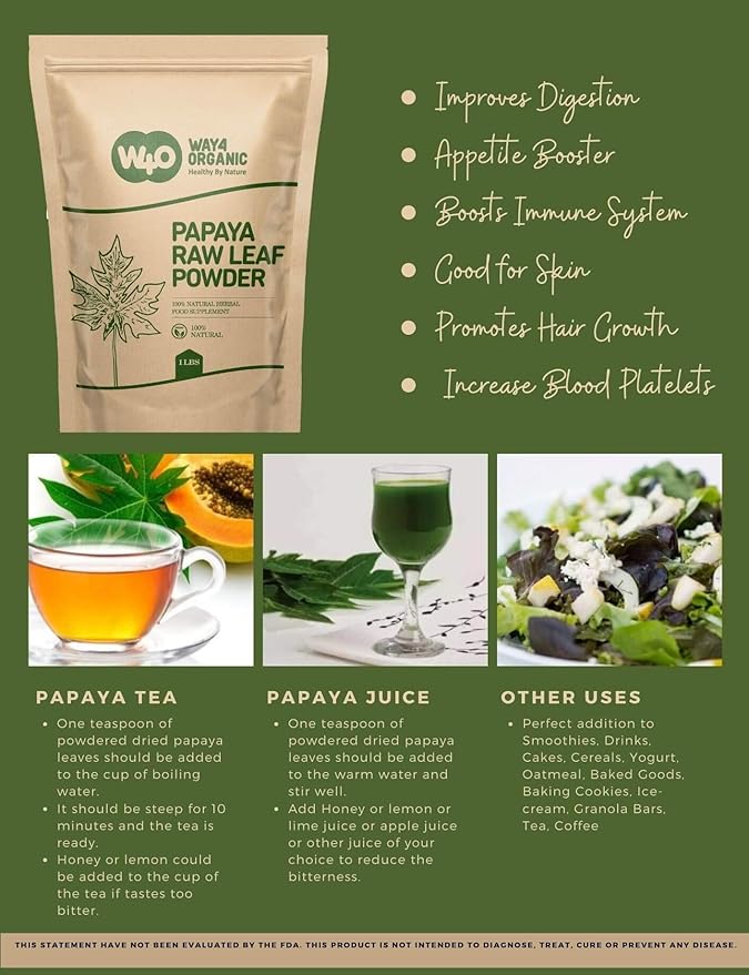 Way4Organic Papaya Leaf Powder 32 Ounces(2 Pounds) Dried from Fresh Green Leaves Good to Make Tea Juice Extract (No Fruit No Seeds)