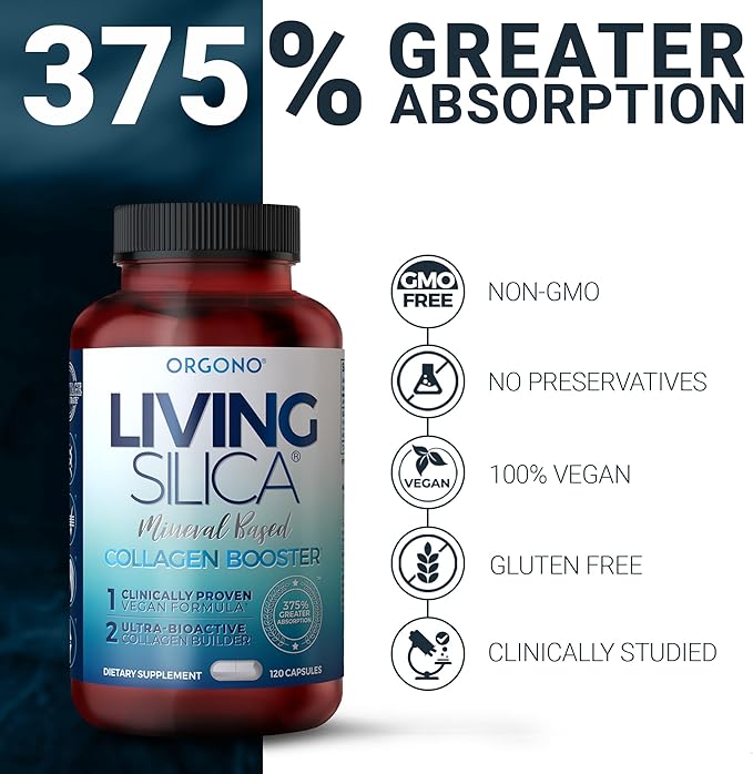 Living Silica ORGONO Mineral-Based Collagen Booster Capsules | Silica-Based | Supports Collagen &amp Elastin for Joint &amp Bone Support Glowing Skin Strong Hair &amp Nails | 60 Capsules