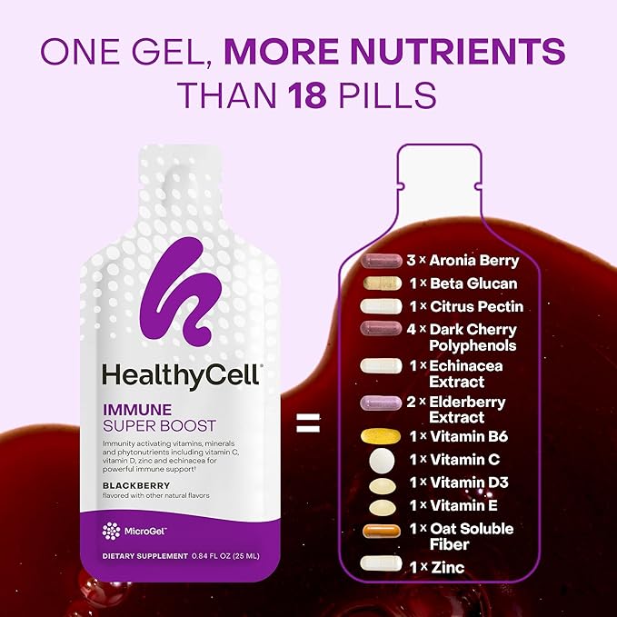 Healthycell Immune Super Boost Daily Liquid Supplement - Immune Support Supplement for Adults with Echinacea Elderberry Vitamin C Vitamin D Calcium &amp Zinc - 30 Gel Packs