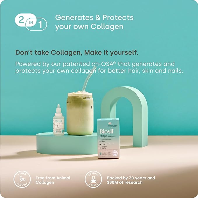 Biosil Collagen Booster Supplement - 0.5 fl oz Drops Pack of 2 - Patented ch-OSA Activator for Skin Hair Nails &amp Joints - Supports Natural Production - 60-Day Supply