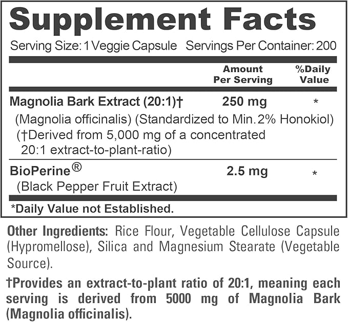 NusaPure Magnolia Bark 20:1 Extract 250 mg Equivalent to 5000 mg 200 Vegan Vegetarian Capsules Non-GMO