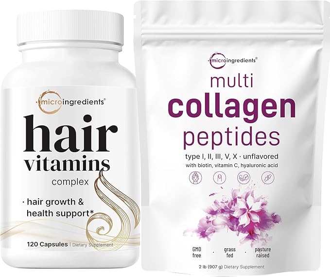 Micro Ingredients Multi Collagen Protein Powder 2 Pounds &amp Hair Vitamins Complex Capsules Bundle Pack | Grass-Fed Collagen Peptides | 14-in-1 Advanced Hair Growth Support
