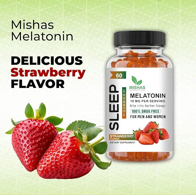 Mishas Nutraceuticals Melatonin Sleep Support Gummies for Adults 10 mg Melatonin Supplement 60 Strawberry Flavor Gummies Provides Up to 30 Days of Restful Sleep