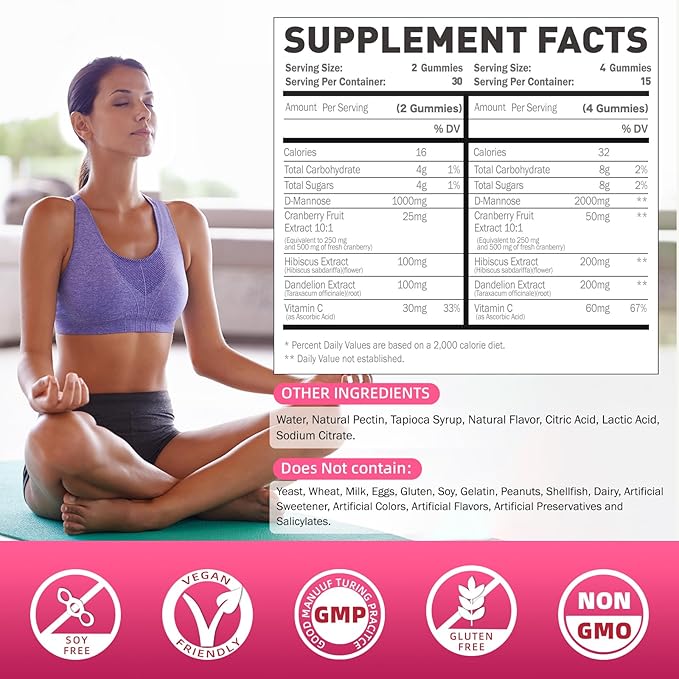 D-Mannose Gummies 2000mg with Cranberry 500mg &amp Hibiscus - D Mannose Chewable Supplements for Women - Liver Bladder Flush &amp Urinary Tract Cleanse Health Supplement 60 Counts
