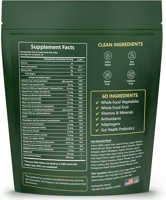 Daily Greens Superfood Green Gummies Packets - Digestive &amp Gut Health Chlorella and Spirulina Supplement with 20+ Organic Prebiotics Fiber Vitamins &amp Minerals - 224 Low Sugar Gummy