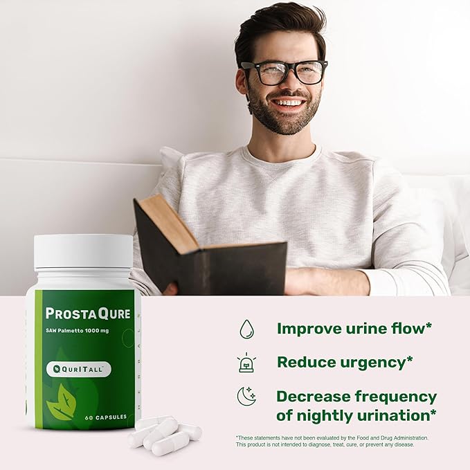 ProstaQure Saw Palmetto 1000 mg - Prostate Supplements for Men's Health - Decrease Nightly Urination &amp Improved Urine Flow - 60 Capsules Vegan Soy Free &amp Gluten-Free