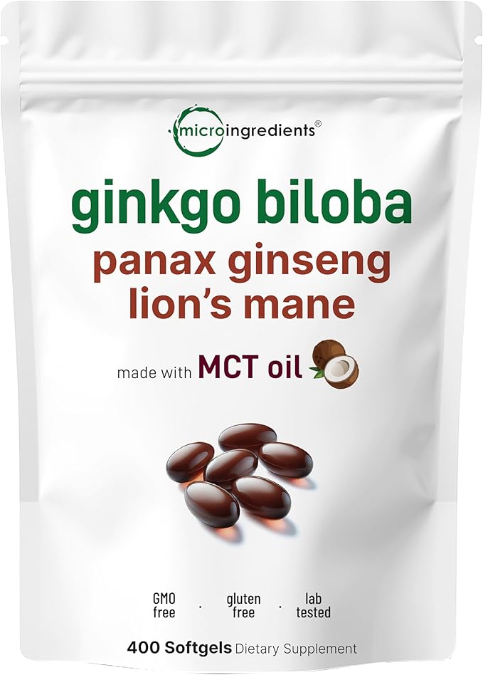 Micro Ingredients ﻿﻿Ginkgo Biloba &amp Ginseng 400 Softgels | 6 Month Supply | Triple Strength Ginko Biloba &amp Lions Mane Supplement