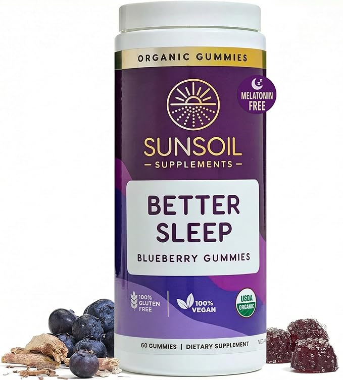 Sunsoil Better Sleep Organic Gummies No Melatonin Ashwagandha USDA Certified Organic Vegan Gluten-Free Sleep Support