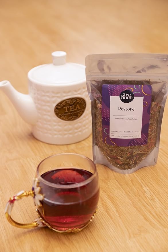 Tea Snob's Restore blend Hibiscus Nettle Rose 2oz loose leaf tea hot or iced caffeine free hand blended resealable pouch keeps your tea fresh makes 25-30 cups