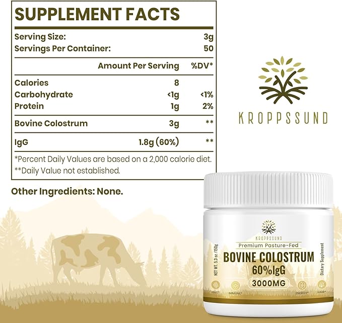 Kroppssund Bovine Colostrum Powder Supplement 3000 mg - Extra High 60% IgG Bovine Colostrum - Gut Bone Exercise Immune - 50 Servings (1 Bottle)