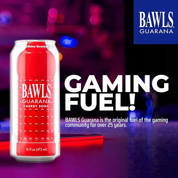 BAWLS Guarana Cherry BAWLS Guarana Drink Guarana Soda Guarana Fueled Soda for Energy High Energy Caffeinated Drink 16oz 24 Pack Cans