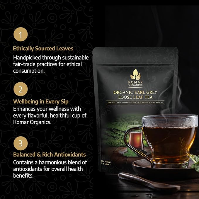 Komar Organics Earl Grey Tea Loose Leaf - 16 Oz USDA Organic Certified Kosher 1 LB Black Tea Infused With Natural Oil and Bergamot