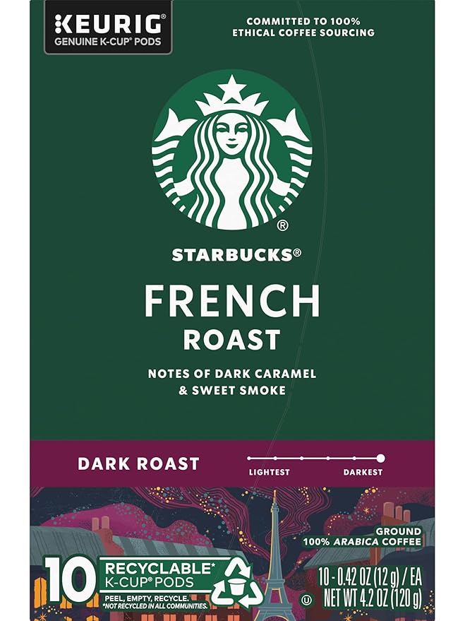 Starbucks Coffee K-Cup Pods French Roast Dark Roast Ground Coffee K-Cups for Keurig Brewers 100% Arabica Coffee 10 CT K-Cup Pods/Box (Pack of 2 Boxes)