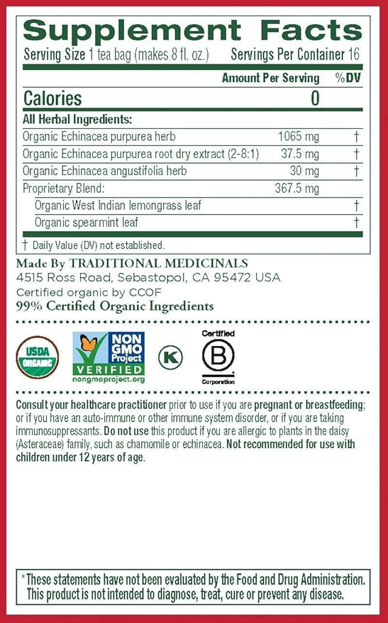 Traditional Medicinals Organic Echinacea Plus Herbal Tea - 16 Tea Bags - Case of 6