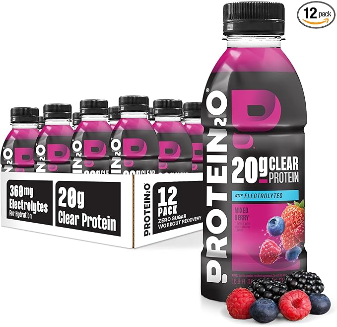 Protein2o Hydration Drink - 2-in-1 Liquid Clear Whey Protein Isolate and Electrolyte Drink - 20g Protein Vitamins B5 B6 - Post-Workout Recovery - 16.9 Fl Oz - 12 Count Mixed Berry