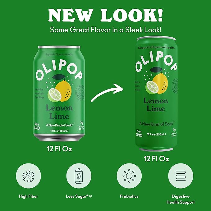 OLIPOP Prebiotic Soda Pop Lemon Lime Pantry Pack Packed with Prebiotics Fiber and Botanicals Gluten Free GMO Free 12oz Skinny (12-Cans)