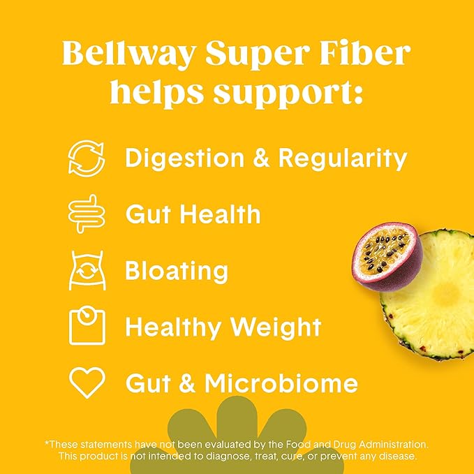 Bellway Super Fiber Powder + Fruit Sugar Free Organic Psyllium Husk Powder Fiber Supplement for Regularity Bloating Relief &amp Digestive Health Plant-Based Pineapple Passion Fruit (50 Servings)