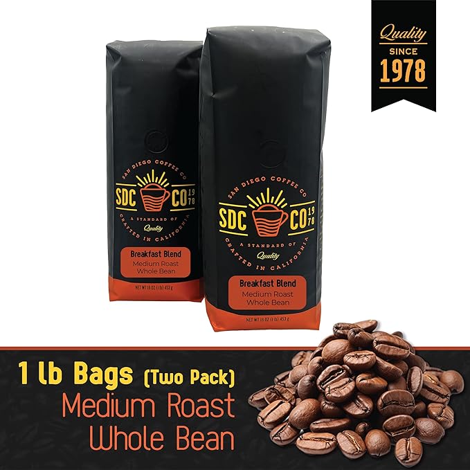 San Diego Coffee Breakfast Blend Medium Roast Whole Bean Coffee 16-Ounce Bags (Pack of 2) Café en grano tostado