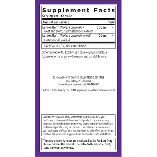 New Chapter Lemon Balm Force with Supercritical Lemon Balm for Mood Support + Immune Support + Non-GMO Ingredients - 30 ct Vegetarian Capsules