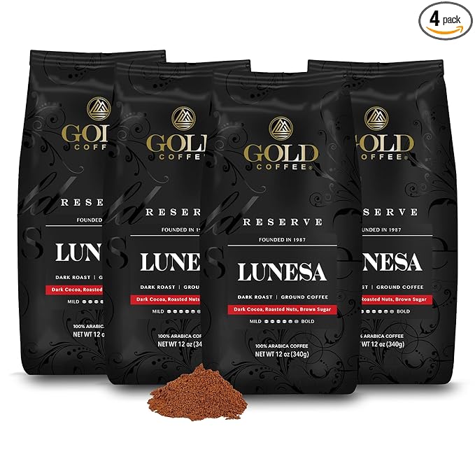 Gold Coffee Co. Lunesa Premium Blend | Dark Roast Ground | 100% Arabica Coffee | 12 oz. (Pack of 4)