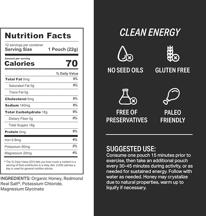 HNY+ Organic Honey Energy Gel with Electrolytes Magnesium Sea Salt &amp Potassium Gluten Free &amp Vegan Workout Gels for Gym Running Cycling &amp Hiking Sports Nutrition Caffeine Free 12