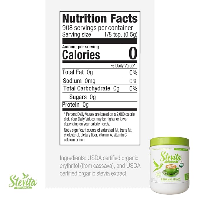 Stevita Organic Stevia - 16 oz - Stevia &amp Erythritol All-Natural Sweetener No Calories - USDA Organic Non-GMO Vegan Keto Paleo Gluten Free - 908 Servings