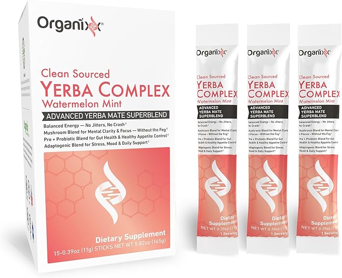 Organixx Clean Sourced Yerba Complex Yerba Mate Superblend Powder Drink Mix with Ashwagandha Natural Caffeine Pre &amp Probiotics &amp Fiber Dairy and Gluten Free Watermelon Mint 15 Travel Pa