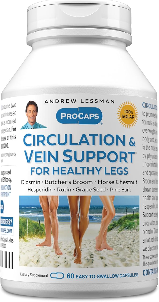 ANDREW LESSMAN Circulation Vein Support for Healthy Legs 60 Capsules - High Bioactivity Diosmin Butcher's Broom Visibly Reduces Swelling and Discomfort in Feet Ankles Calves Legs
