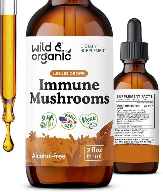 Wild &amp Organic Immune Mushrooms Tincture - 8-in-1 Mushroom Complex with Chaga Turkey Tail Lion's Mane Reishi Extract - Immune Support Drops - Vegan Sugar &amp Alcohol-Free Liquid Supplement -