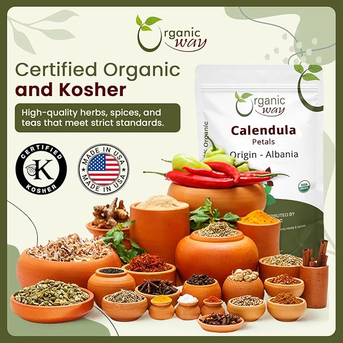 Organic Way Dried Calendula Petals | Herbal Tea (Calendula officinalis) - European Wild-Harvest | Organic &amp Kosher Certified | USDA Certified | Origin - Albania (1LBS / 16Oz)