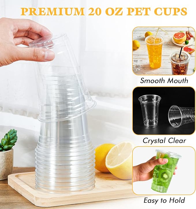 Vplus 160 Pack 20 OZ PET Clear Plastic Cups with Lids 20 OZ Crystal Cold Disposable Drinking Plastic Cups with Flat Lids Perfect for Ice Coffee Smoothie Juice