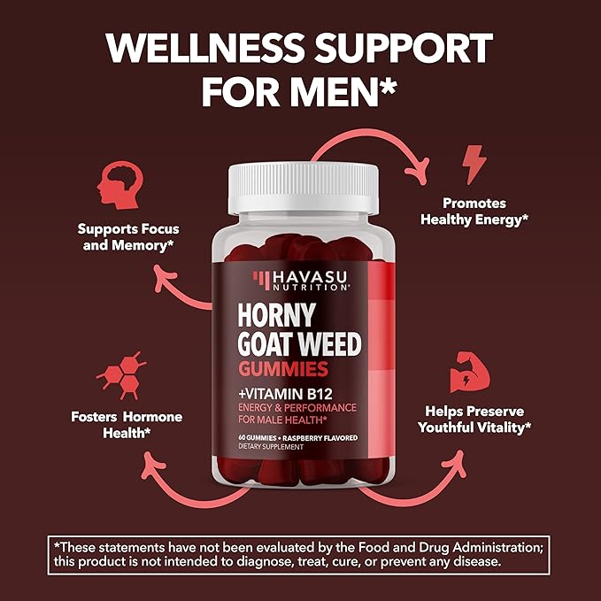 Horny Goat Weed Gummies with Vitamin B12 - Energy Endurance &amp Performance Support for Male Health - 60 Count - Vegetarian-Friendly Non-GMO Pectin-Based - Raspberry Flavor 1 Month Supply