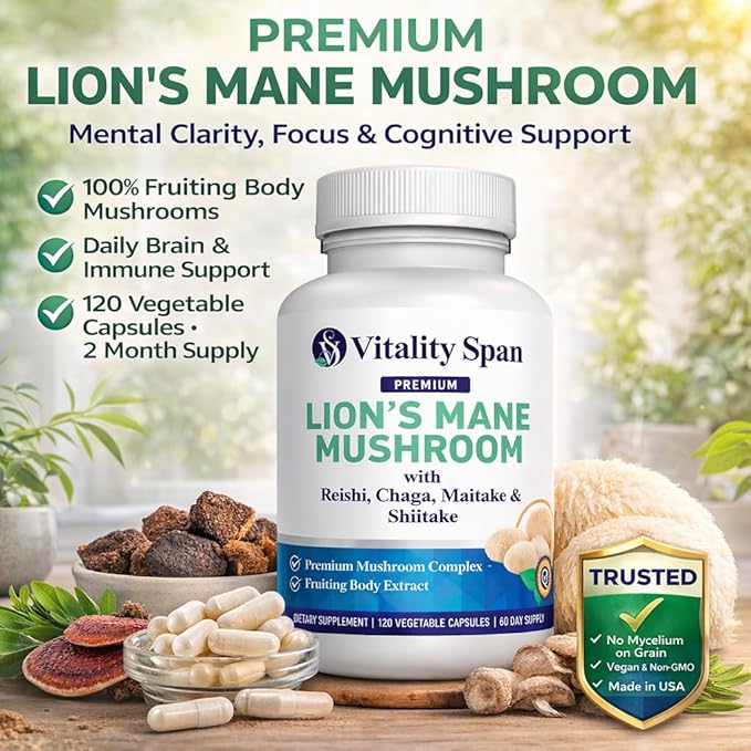 Lions Mane Supplement Capsules – Lion’s Mane Mushroom Extract for Brain &amp Focus Support – Fruiting Body 5 Mushroom Complex 1400mg 120 Veg Capsules Made in USA