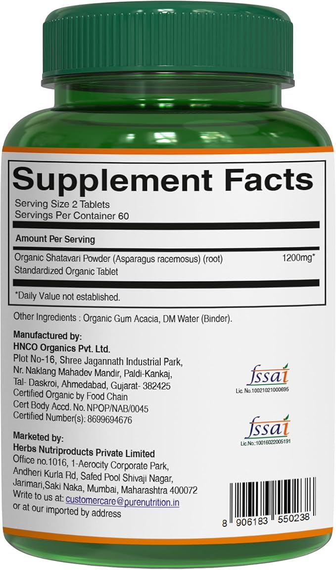 Pure Nutrition Organic Shatavari Tablets - 1200mg | 120 Count | USDA Organic | Promotes hormonal Balance &amp Female Reproductive Health | Non-GMO | Gluten-Free