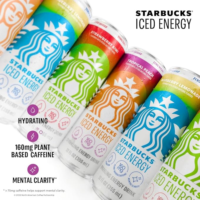 Starbucks Iced Energy Drink Tropical Peach Zero Sugar Energy Drink Plant Based Caffeine Hydration Mental Clarity 12 Fl Oz Cans (Pack of 12)