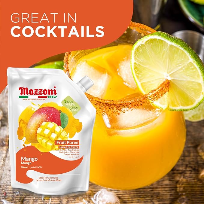 Mazzoni - Mango Puree Juice 100% Pure Mango Lassi Just Fruit Nectar No Sugar Added 2.2 lbs (35.2 oz) Real Fruit Mixer for Cocktails Drinks Smoothies Convenient Pouch Made in Italy