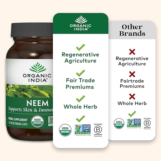 ORGANIC INDIA Neem Leaf Capsules Herbal Supplement - Supports Skin Immune &amp Liver Health Detox Vegan Gluten-Free USDA Certified Organic - 180 Capsules