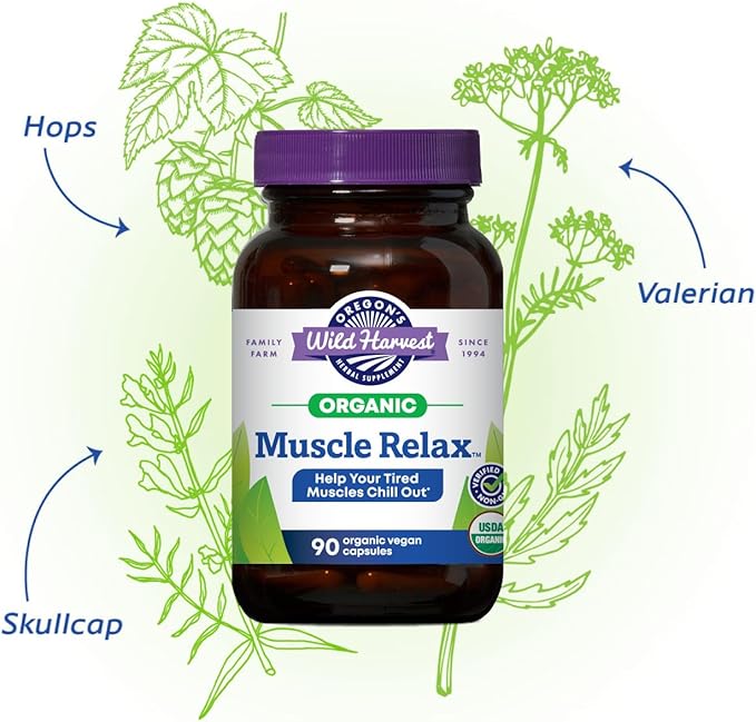 Oregon's Wild Harvest Muscle Relax Herbal Supplement Vegan Capsules with Valerian Hops and Skullcap - USDA Certified Organic - 180 Count