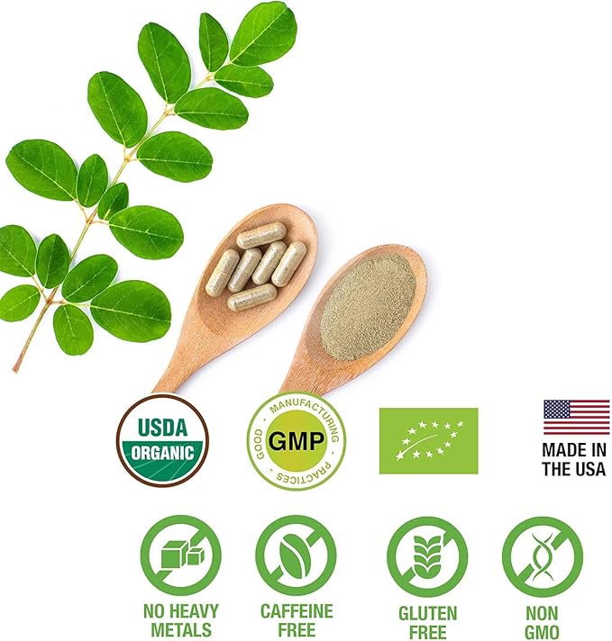100% Raw and Pure Moringa Leaf Powder Capsules. Organic Certified Moringa Leaf. Natural Superfood with Essential Amino Acids Antioxidants and Omega 3 500mg 120 Capsules.