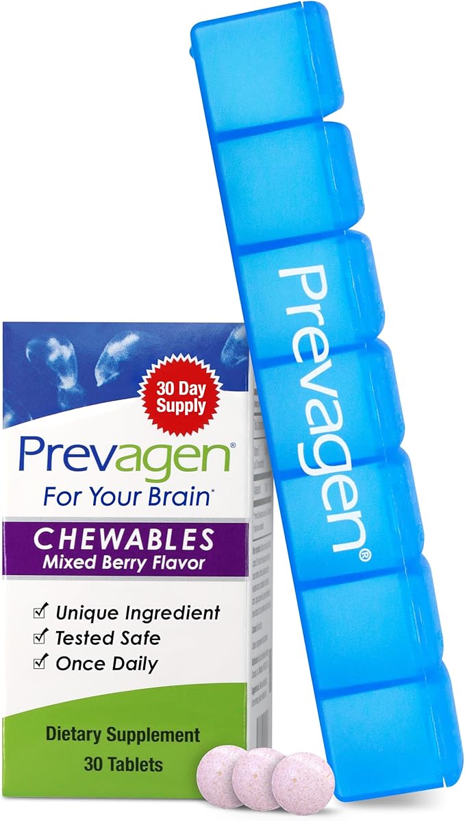 Prevagen Regular Strength Mixed Berry Chewables - 30 Tablets (1 Month Supply) 10mg of Apoaequorin Plus Vitamin D3 with 7-Day Pill Minder