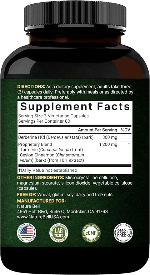 NatureBell Berberine Supplement 1500mg with Ceylon Cinnamon &amp Turmeric Root 240 Veggie Capsules | 97% Pure Berberine HCL | Supports Balanced Sugar Levels &amp Heart Health | Vegan Non-GMO