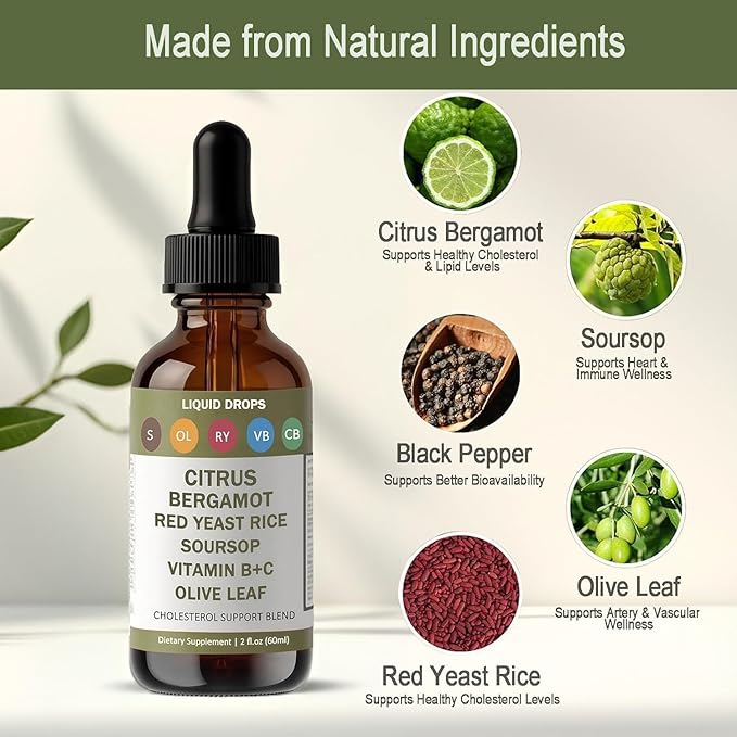 Red Yeast Rice Drops - Cholesterol Support Blend with Citrus Bergamot Red Yeast Rice Soursop Olive Leaf &amp Vitamin B+C Natural Non-GMO Vegan Dietary Supplement 2 fl oz