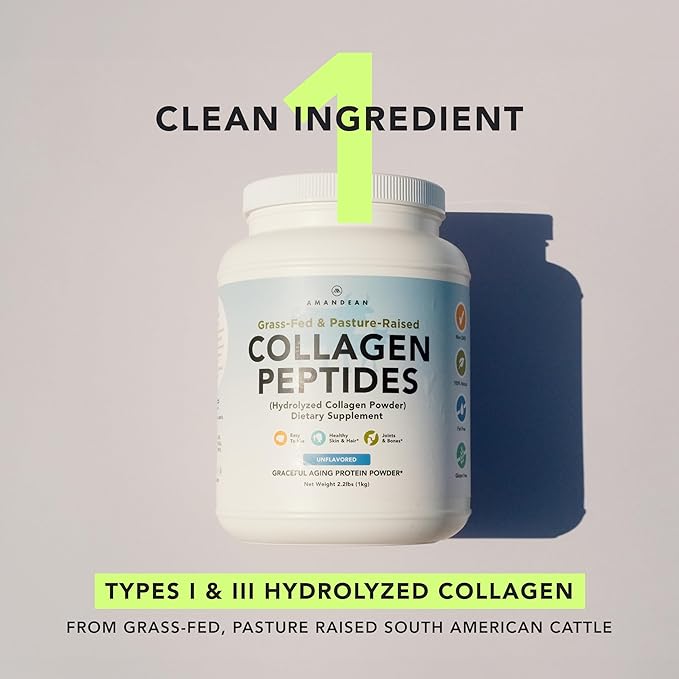 AMANDEAN Collagen Peptides Powder 1kg. Grass-Fed Enzymatically Hydrolyzed Type 1 &amp 3. Agglomerated Easy to Mix Unflavored Non-GMO. Protein with 18 Amino Acids for Healthy Skin Hair Nails.